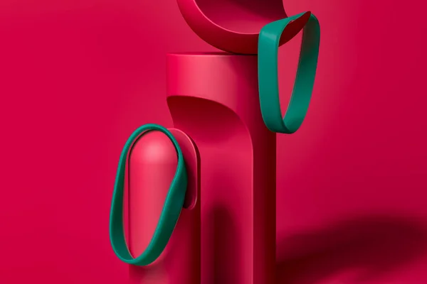 Green Rubber Bracelets on Abstract Figure On Pink Background. Silicone Wrist Bands With Empty Space. 3d Rendering