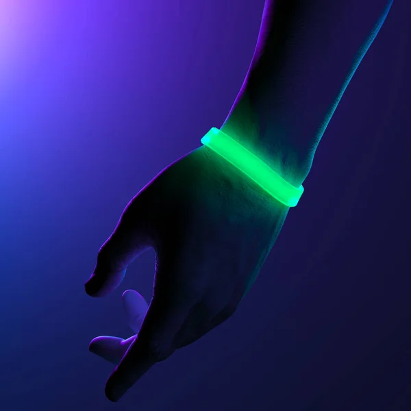 Neon osvětlené zelené gumové náramky na ruce na tmavém pozadí. Pružné náramky s prázdným prostorem. 3D vykreslování — Stock fotografie
