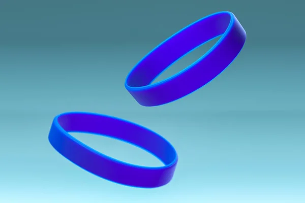 Niebieskie gumowe bransoletki na jasnoniebieskim tle. Elastyczne silikonowe opaski nadgarstkowe z przestrzenią do kopiowania. 3d Renderowanie — Zdjęcie stockowe