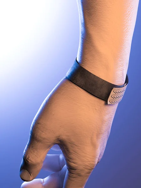 Empty Wrist Band Design Mock Up. Plain Hand Bracelets Template. Wrist Band On White Skinned Male Hand, 3d rendering — Stock Photo, Image