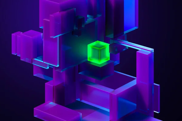 Zelená svítící neon jasný kostka na abstraktní geometrické čtyřhranné figurky a fialové pozadí. 3D vykreslování — Stock fotografie