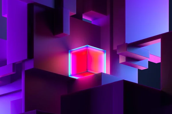 보라색 기하학적 사각형의 분홍 네온밝은 큐브의 가까이에 복사 공간을 가지고 있습니다. 3D 렌더링 — 스톡 사진