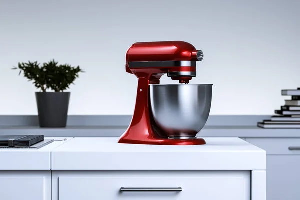 Mezclador de soporte rojo en cocina moderna brillante y elegante. renderizado 3d. Concepto de minimalismo . — Foto de Stock