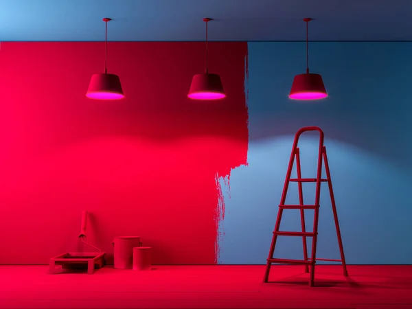 Ev Tazminatı: Duvarı Kırmızı Parlak Renkle Boyamak. Merdiven, Fırça, Tekerlek, Boya Kutuları, 3D Yapılandırma — Stok fotoğraf