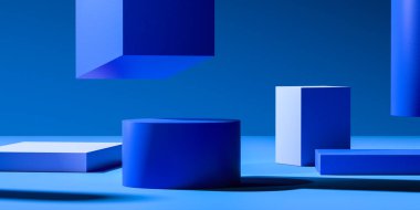 Blue Blank Foursquare Showcases, Blue Floor and Blue Top 'ta boş yer var. 3D görüntüleme. Minimalizm Konsepti