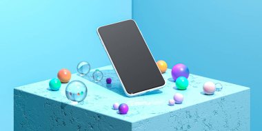 Blue Showcase 'de boş ekranlı cep telefonu ve Matte Multicolored Glass Balls. 3d oluşturma