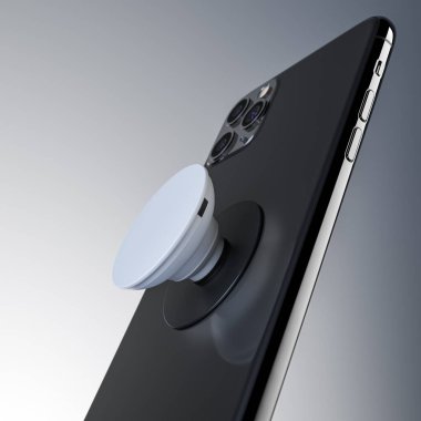 Arka planda beyaz prizi olan siyah cep telefonu. 3d oluşturma.