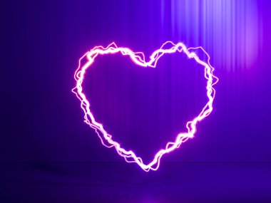 Pembe Neon ışığından yapılmış elektrik kalp sembolü. 3d Hazırlama.