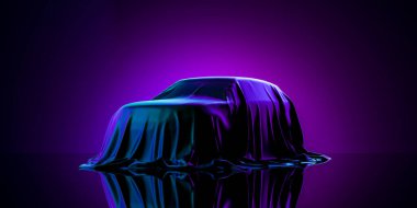 Presentation Of Car Covered With Cloth on Dark Illuminated By Violet Neon Light Background. 3d rendering clipart