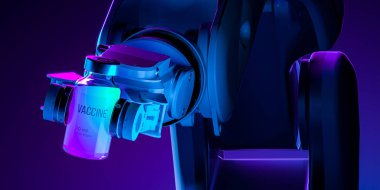 Gerçekçi Robotik Mekanik Kol Tutucu İlaç Şişesi Aşıyla ve Neon Işığıyla Aydınlatılıyor. 3B görüntüleme.