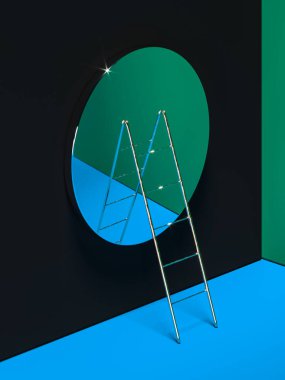 Green Room With Ladder to Round Mirror. 3d rendering. Psychotherapeutic Help To Patient. Mental Work clipart