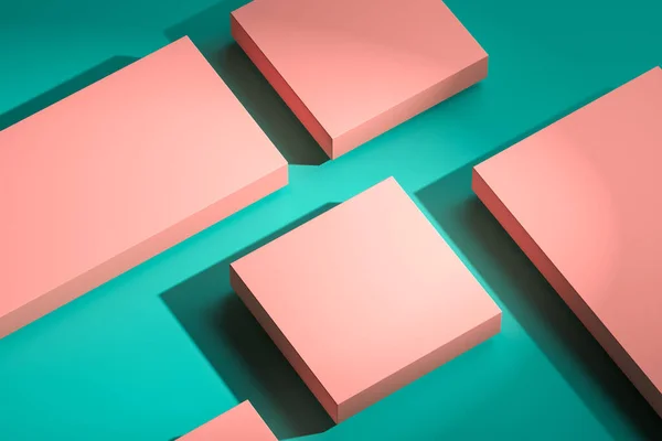 Blank Foursquare Showcase Of Living Coral Color on Green Background. 3d rendering. Minimalism Concept — Stock Photo, Image