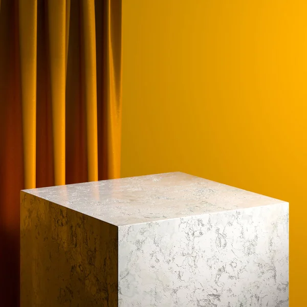 Blank Foursquare Marble Showcase with Empty Space On Pedestal And Orange Background. 3d rendering — Stock Photo, Image