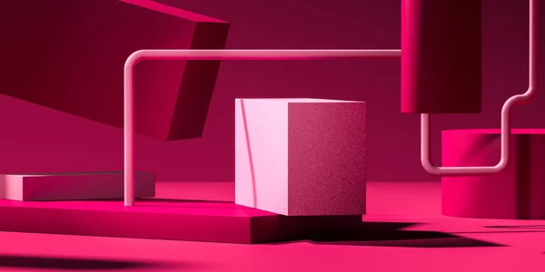 Růžové prázdné čtyřhranné přehlídky s prázdným prostorem na růžové podlaze a na abstraktním geometrickém pozadí. 3D vykreslování — Stock fotografie