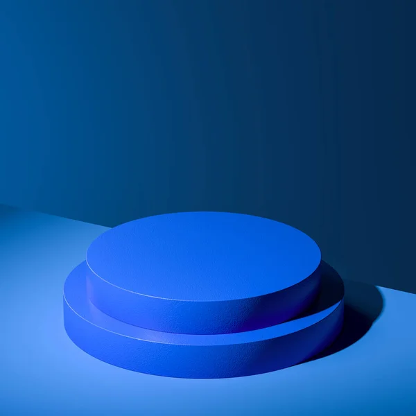 Vetrina rotonda blu vuota con spazio vuoto su sfondo blu. Rendering 3D. Concetto di minimalismo . — Foto Stock