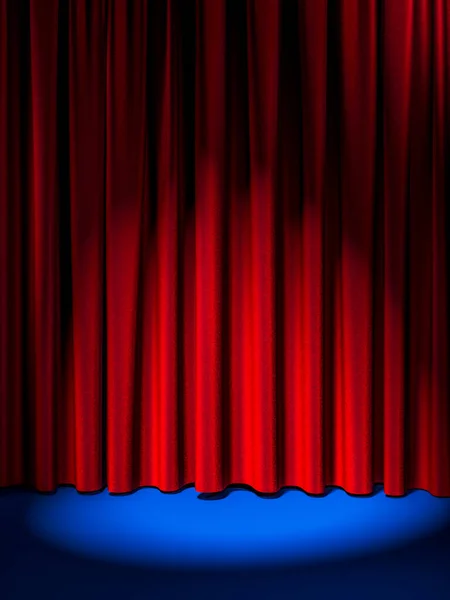 Illuminated By Spotlight Red Curtains And Blue Floor. Modern Showcase with Empty Space. 3d rendering. Copy space. — Stock Photo, Image