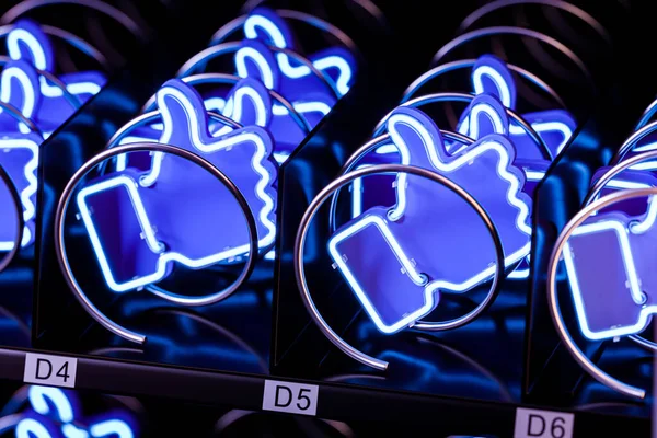 Blue Thumbs Up Icons, Likes Icon In Modern Vending Machine (dalam bahasa Inggris). Menjual Dan Membeli Cinta, Persahabatan Dan Menyukai. Rendering 3d — Stok Foto