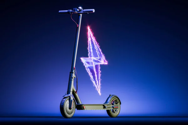 Electric Black Scooter on Blue Background Near Electric Lightning. Eco Alternative Tansport. 3d rendering — Stock Photo, Image