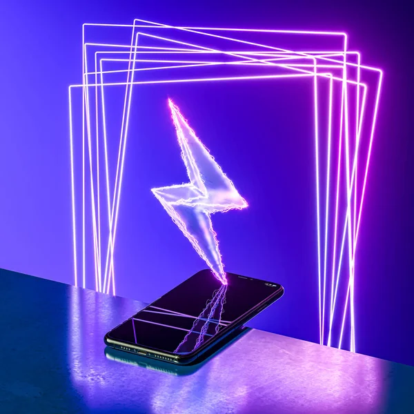 Handy mit leerem Bildschirm in Neon-Rahmen und Blitz. Gerät beleuchtet von rosa Neonlicht. 3D-Darstellung — Stockfoto