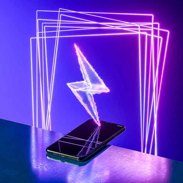 Neon Frame ve Lightning 'de boş ekranlı cep telefonu. Aygıt Pembe Neon Işığıyla aydınlatıldı. 3d oluşturma