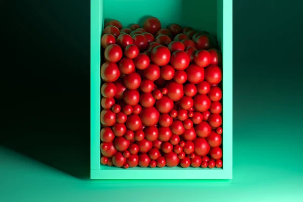 Green Transparent Box With Red Balls. Box On Green Background With Spotlight. 3d rendering