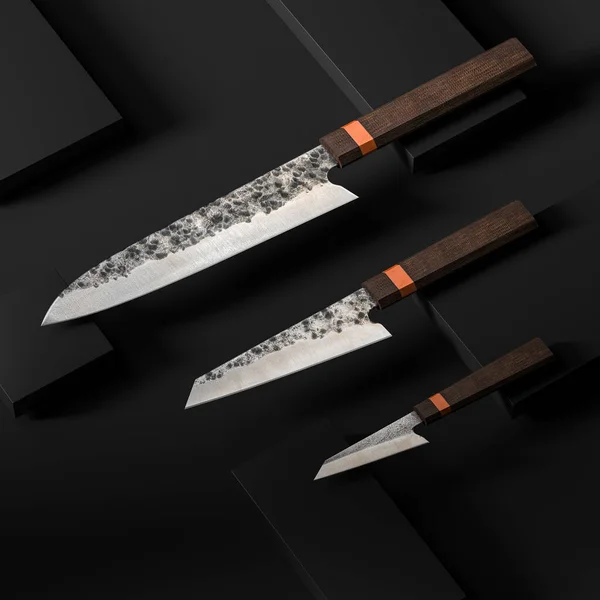 Set di coltelli giapponesi di alta qualità su sfondo minimalista scuro. Damasco Steel Chef Knife. 3d Rendering — Foto Stock