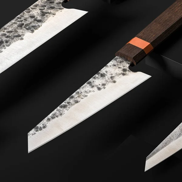 Närbild av hög kvalitet japanska knivar blad på mörk minimalistisk bakgrund. Damaskus Stålkock Kniv. 3D-konvertering — Stockfoto