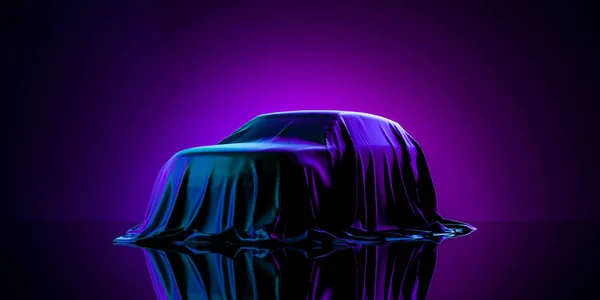 Presentation Of Car Covered With Cloth on Dark Illuminated By Violet Neon Light Background. 3d rendering — Stock Photo, Image