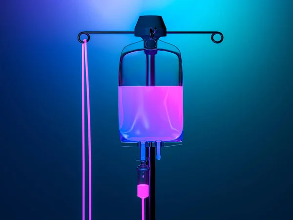 Капля-кола с неоновым розовым содержанием на сером голубом фоне. 3D-рендеринг — стоковое фото