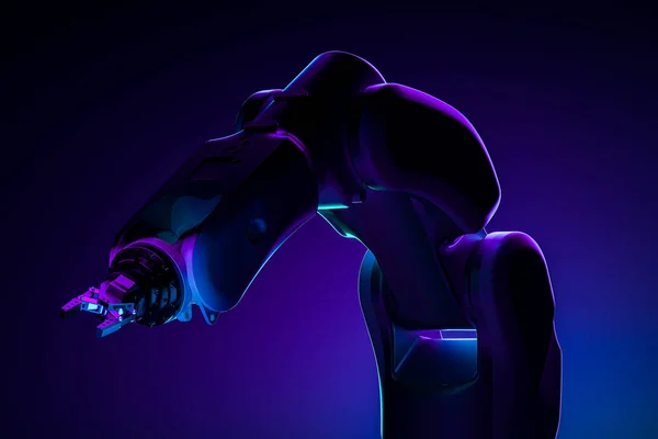 Realistická robotická mechanická paže na tmavém pozadí osvětlená neonovým světlem. Umělá inteligence. 3D vykreslování — Stock fotografie