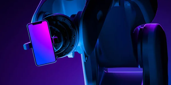 Braço mecânico robótico realista que prende o telefone móvel no fundo escuro iluminado pela luz do néon. Renderização 3d — Fotografia de Stock