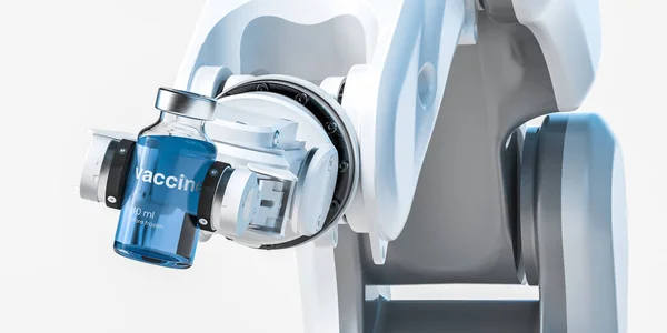 Λευκό ρομποτικό μηχανικό μπράτσο που κατέχουν ιατρική φιάλη με εμβόλιο από τον κορωναϊό SARS. 3D απόδοση. — Φωτογραφία Αρχείου