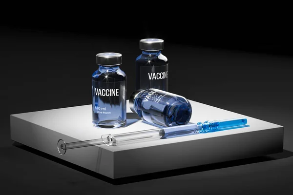 Medicine Bottle for Injection With Blue Content From SARS Coronavirus And Syringe For Vaccination. 3D rendering — Stock Photo, Image