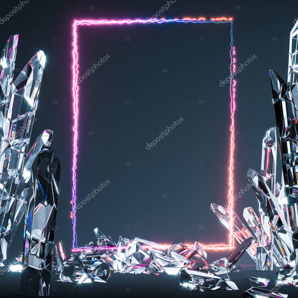 Transparent Crystals On Dark Background, Near Neon Frame. Illuminated by Pink, Violet and Blue Neon Lights. 3d rendering. Copy Space. Empty Space