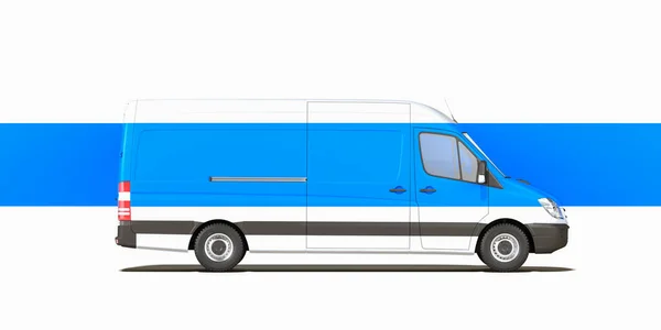 Biała furgonetka z niebieskim paskiem na białym tle. Szybka dostawa w czasie kwarantanny. Renderowanie 3D — Zdjęcie stockowe