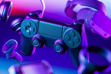 Kablosuz Joystick, Oyun Alanı Kontrolörü, VR Gözlükleri, Kulaklıklar, Çok Renkli Arkaplanda Video Oyun Konsolu. 3d oluşturma