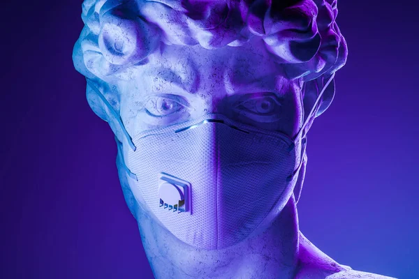Front View On Head Bust Klasická plastika Ochrana zdraví proti koronaviru s obličejovou maskou. 3D vykreslování. — Stock fotografie