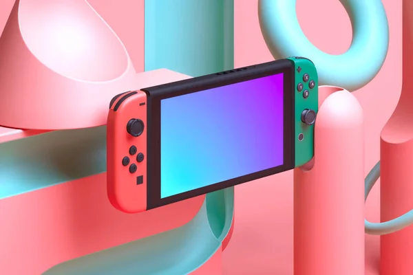 Video Game Console With Blank Gradient Screen On Multicolored Abstract Juicy Background. 3d rendering — Stock Photo, Image