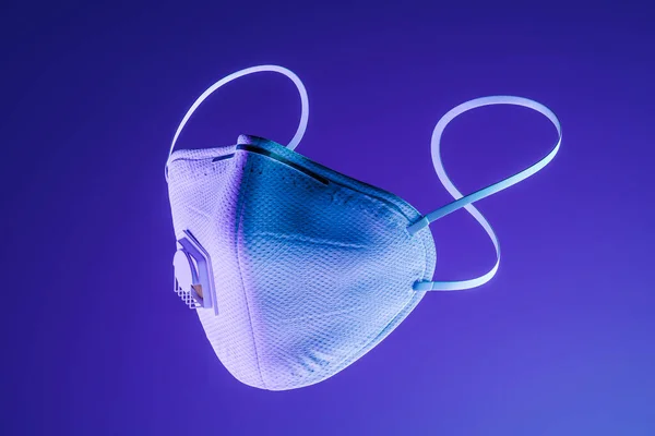 Protecting Face Mask on Violet Background Illuminated With Neon Light. Protection Against Coronavirus. 3d Rendering. — Stock Photo, Image