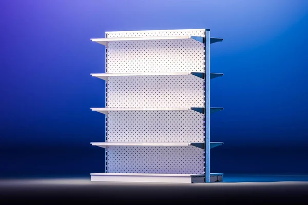Seitenansicht auf weißen leeren Ladenregalen auf blauem Hintergrund. Schaufenster mit Kopierraum. Ladenregale. 3D-Rendering — Stockfoto