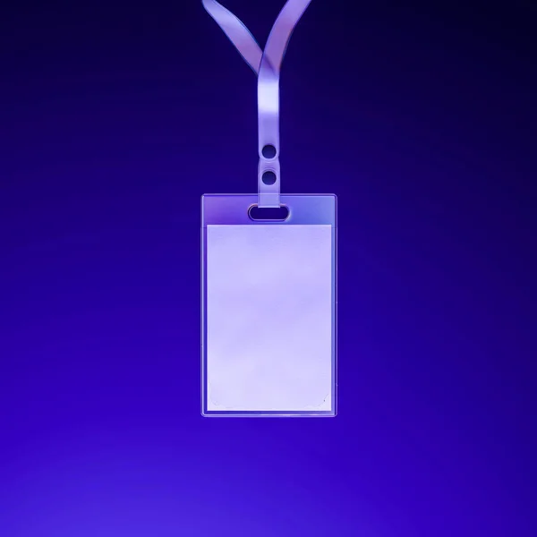 White Lanyard och Blank White Badge med kopieringsutrymme på levande blå bakgrund. Tomma rymden. 3d-konvertering — Stockfoto