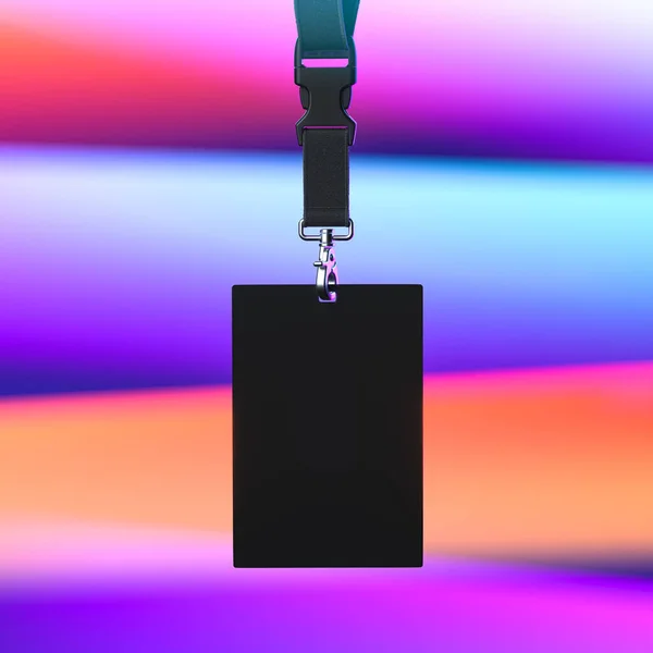 Black Lanyard and Blank Black Badge With Copy Space on Multicolored Gradient Background. Prázdný prostor. 3D vykreslování — Stock fotografie