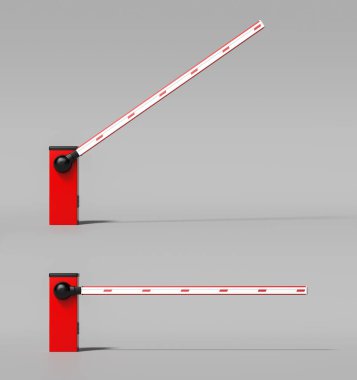 Kapalı ve Bariyer Kapısı Otomatik Sistemi açılıyor. Gri Arkaplan 'da araç güvenliği bariyeri var. 3d oluşturma