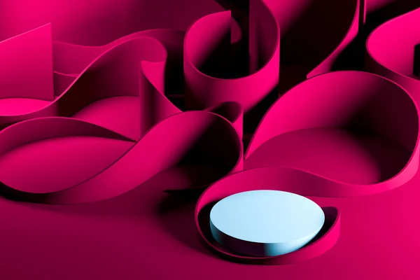 Modrá kulatá přehlídka s prázdným prostorem na podstavci na růžovém pozadí v blízkosti abstraktních vln. 3D vykreslování. — Stock fotografie