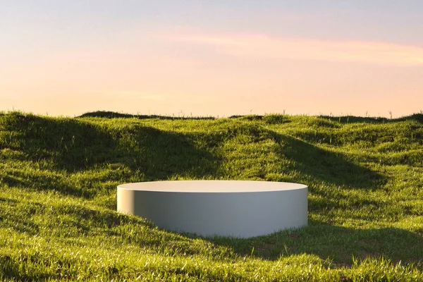 Blank Round White Showcase on Green Grass at Heaven Meadow. Copy Space. Empty Space. 3d rendering — Stock Photo, Image