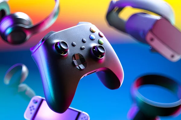 Joystick inalámbrico, controlador de gamepad de juegos, gafas VR, auriculares, consola de videojuegos en fondo de gradiente multicolor. renderizado 3d — Foto de Stock