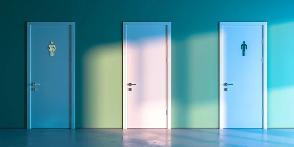 Cinsiyet işaretli beyaz kapılar, yeşil duvarlı tuvalet girişi. 3d oluşturma — Stok fotoğraf
