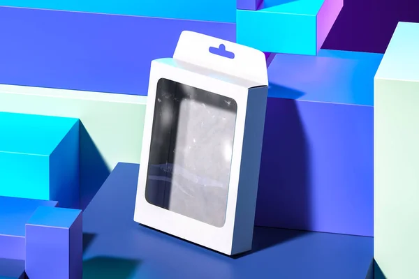 Scatola di cartone bianco vuoto su sfondo astratto blu con figure rettangolari e quadrate. rendering 3d . — Foto Stock