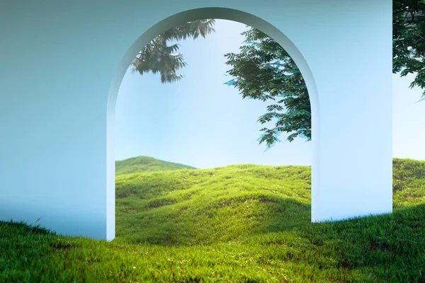 Arch Or Door To heaven Meadow. Beautiful Landscape, Happy Afterlife. 3d rendering — Stock Photo, Image