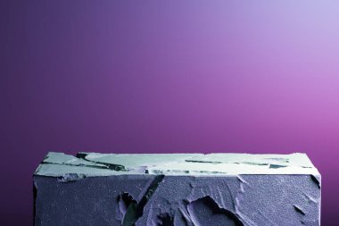 Neon Pembesi ve Violet Arkaplanındaki Taş ya da Betondan Yapılan Gerçekçi Modern Vitrin. 3d oluşturma